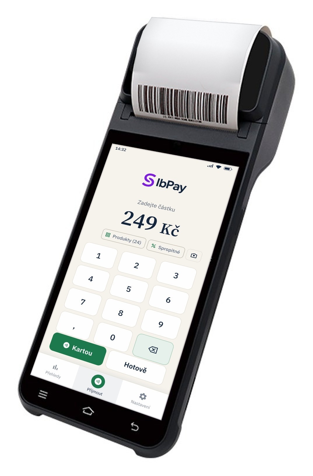 Platební terminál Z92F s aplikací SIbPay, částka 249 Kč